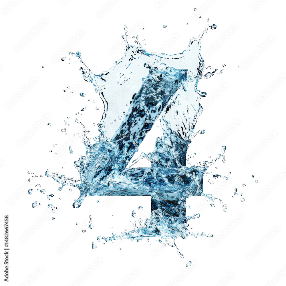 Poster refreshing cold water splash with ice cube forming number four in a water splash effect isolated on 