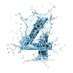 Refreshing cold water splash with ice cube forming number four in a water splash effect isolated on white background