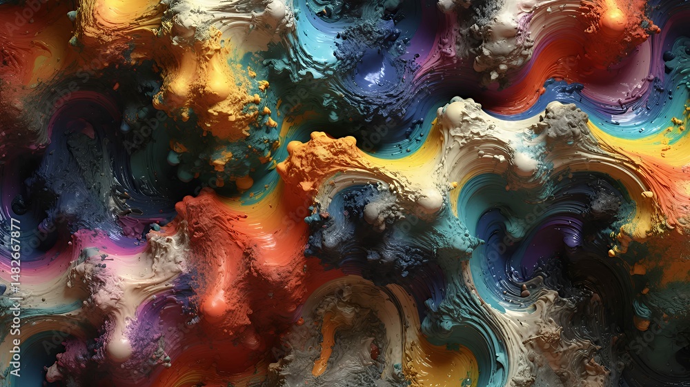 Poster vibrant abstract art with flowing forms and intense colors creating a dynamic textured composition.