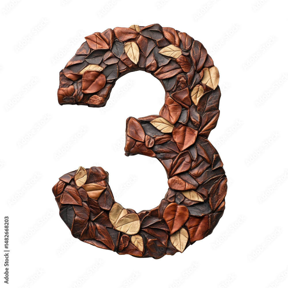 Poster number three made of colorful autumn leaves arranged in a detailed and artistic display on a plain w