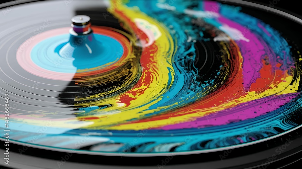 Poster vibrant splash of colors creates a dynamic and abstract painting on a circular surface design.