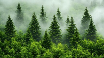 Misty forest canopy. Lush green conifers.  Foggy mountain woods