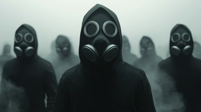 Anonymous figures in gas masks symbolizing resistance against a totalitarian regime in a surveillance-controlled society Eerie fog surrounds them 3D render