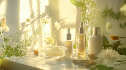 Luxury skincare set with premium glass and dropper bottles arranged with botanical elements in soft sunlight real photo aesthetic