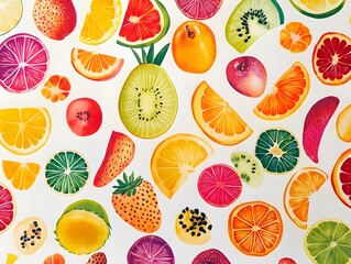 61. Tropical fruits with vibrant colors on white background