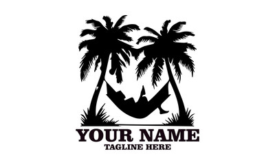 Obraz premium illustration tropical hammock scene and person unwinding between palm trees vector design. relax lies in hammock surrounded by palm trees illustration vector logo art , Isolated on a white background