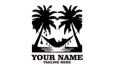 Obraz premium illustration tropical hammock scene and person unwinding between palm trees vector design. relax lies in hammock surrounded by palm trees illustration vector logo art , Isolated on a white background