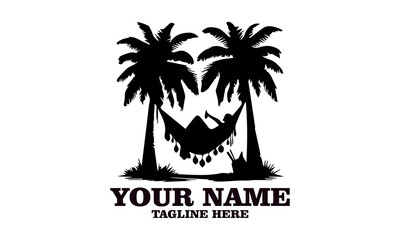 Obraz premium illustration tropical hammock scene and person unwinding between palm trees vector design. relax lies in hammock surrounded by palm trees illustration vector logo art , Isolated on a white background