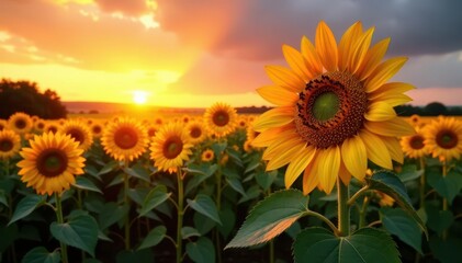 Huge sunflowers bathed in sunset's glow, rustic countryside vista , yellow, nature