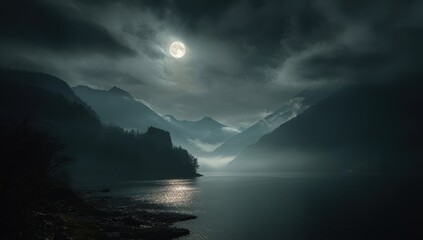 Serene Moonlit Lake in Mountain Valley
