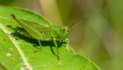 Fototapeta premium Vibrant Green Grasshopper Perched Elegantly on a Lush Leaf in Close-up Macro View