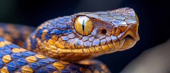 Fototapeta premium Close-up photo of a snake with brown and blue pattern, yellow eyes, and tongue out, creating an intimidating effect, illuminated from above.