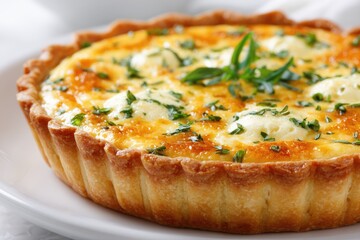 Obraz premium A round savory tart with melted cheese and herbs.