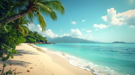 Obraz premium Beach coastline with palm trees and tropical forest against the backdrop of a mountain range. Islands for active recreation and relaxation. Transparent aquamarine ocean waters wash the shores.