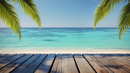 Serene Tropical Beach Scene Wooden Deck, Turquoise Water, Palm Trees