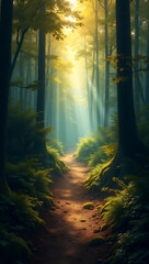 Obraz premium A serene forest trail bathed in golden sunlight and mysterious hues of green