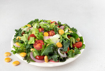 Green salad with fresh vegetables and lupine beans on white background. Vegetarian food.