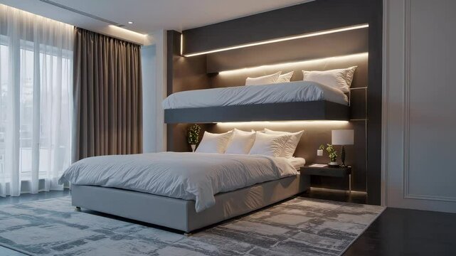 Cozy modern hotel room with ambient lighting, double bed and pull-down bunk bed, stylish dark interior with large windows and elegant decoration
