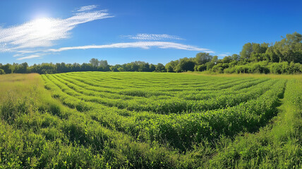 Obraz premium A panoramic view of a pea field with rows of green plants stretching under a bright blue sky, warm sunlight casting long shadows