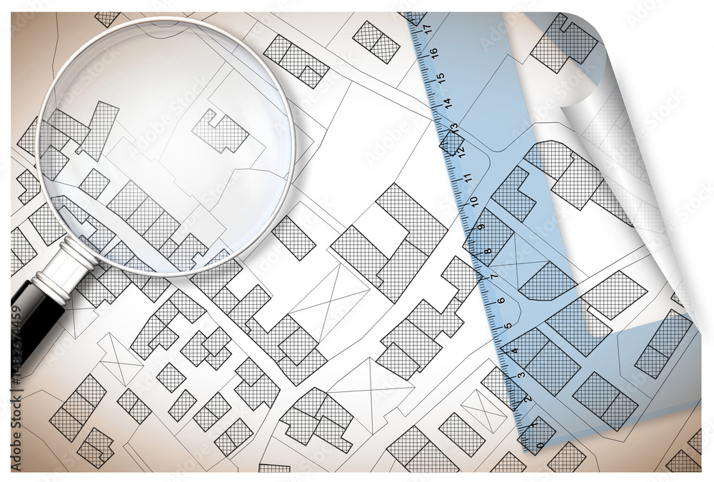Poster plastic set square and magnifying glass over an imaginary cadastral map of territory with buildings,