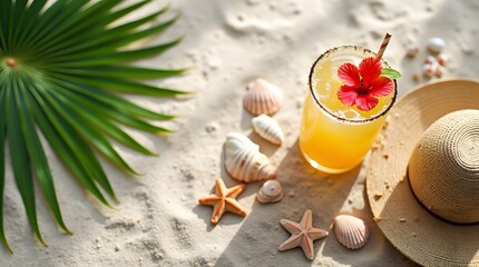 On the clean, white sand of the coast, a glass with a cold orange drink and a flower. Shells of different shapes decorate the hot sandy beach with a palm branch. An exotic atmosphere