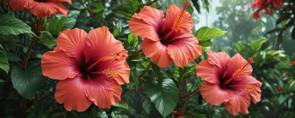 Vibrant hibiscus blooms, lush tropical foliage ,  image,  texture