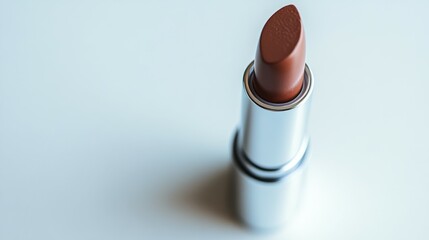 Mocha mousse lipstick in a silver case on a white background. The color of the year 2025. Copy space.