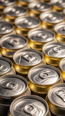 Metallic Symmetry - Top View of Aligned Beverage Cans with Ring Pulls Creating Geometric Landscape