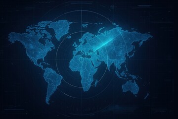 Naklejka premium A digital world map with a glowing highlight over Russia, featuring a futuristic, tech-inspired design.