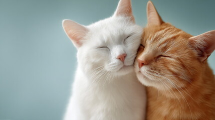 Obraz premium Photo of two cats, one white, the other orange, sitting close to each other on a pastel blue background
