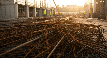 Construction Site at Sunset: Steel Rebar Piles on Active Building Development with Workers and Equipment in the Background
