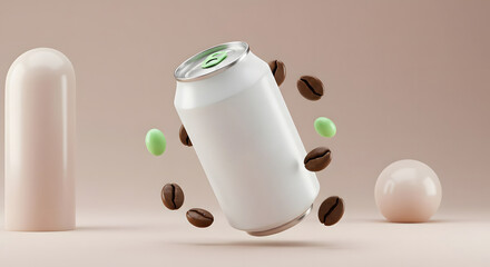 Floating Coffee Can with Beans and Spheres on Beige Background