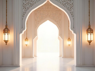 Fototapeta premium Illuminated sanctuary: intricately designed arches and golden lamps in ethereal space