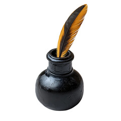 Feather pen into the inkwell isolated.
