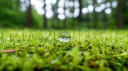 Crystal ball on moss, forest background