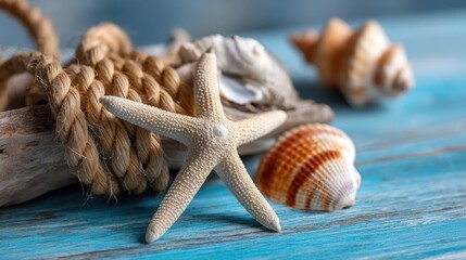 Beach scene on blue wooden background with summer vacation concept. A starfish and seashells on a blue wooden surface.