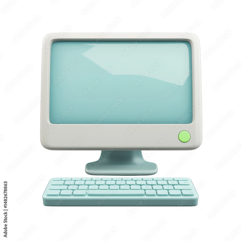 Poster pastel toned personal computer with keyboard isolated on white background