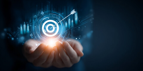 Hands hold glowing target with arrow, symbolizing achievement, success, and goal attainment in business strategy, perfect for presentations or marketing