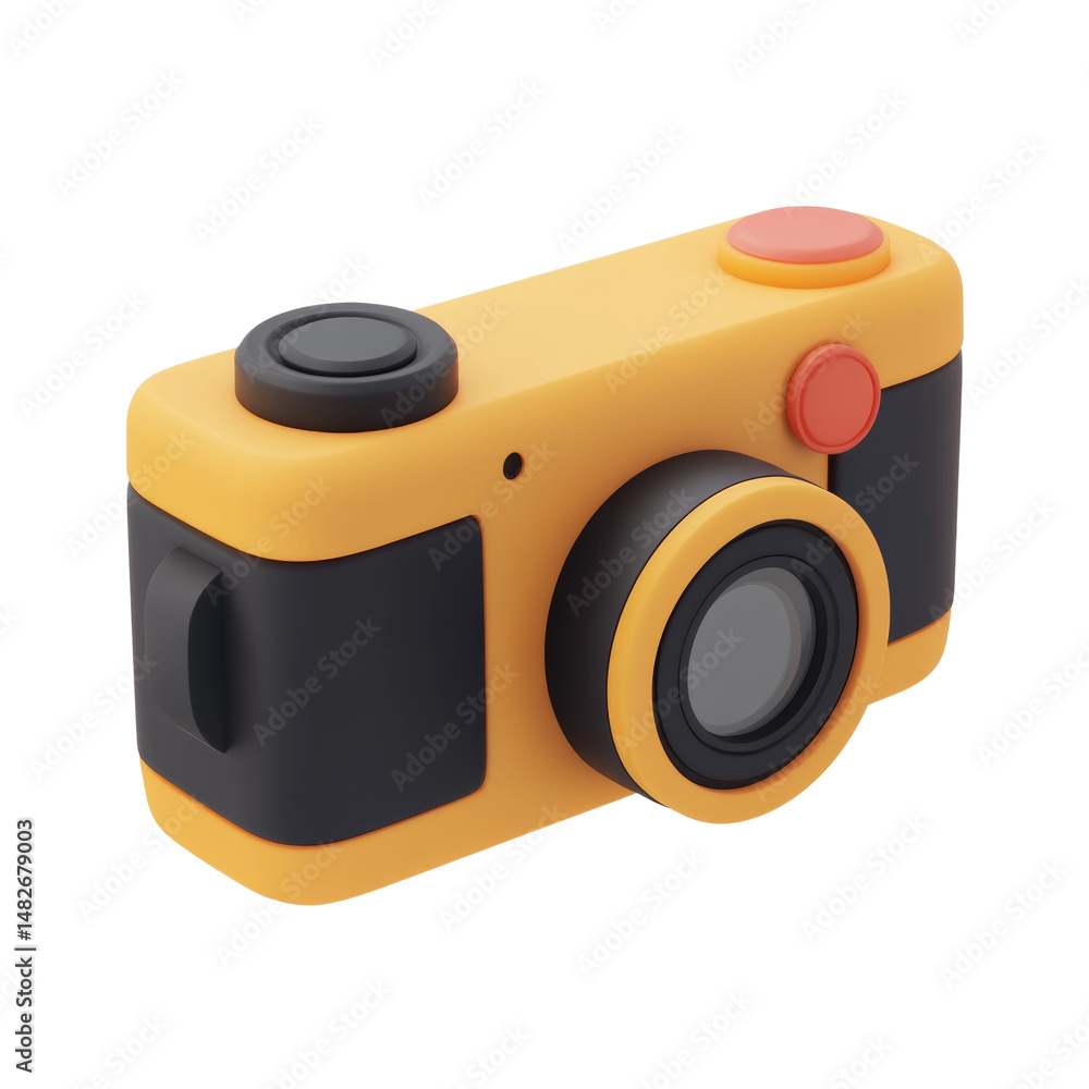 Poster stylized 3d rendering of a yellow and black digital camera on white backdrop