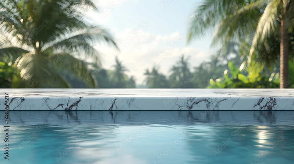 Poster white marble counter in front of a blurred pool background designed for product mockups