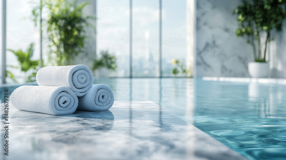 Poster white marble counter in front of a blurred pool background designed for product mockups