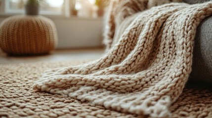 Cozy Knitted Blanket on a Jute Rug, Home Interior Design
