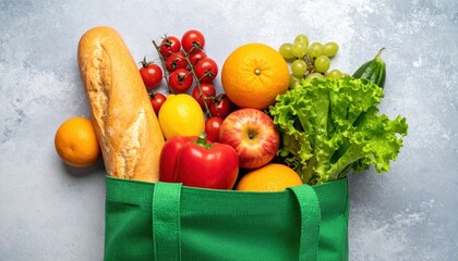 Vibrant produce overflowing from a green reusable bag showcasing sustainable choices