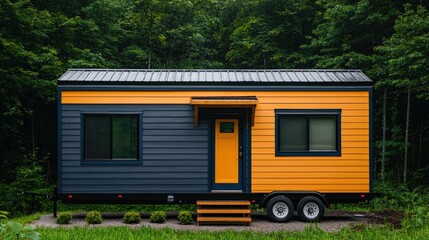 Modern tiny house with a yellow and dark gray exterior sits on wheels amidst lush green forest surroundings.