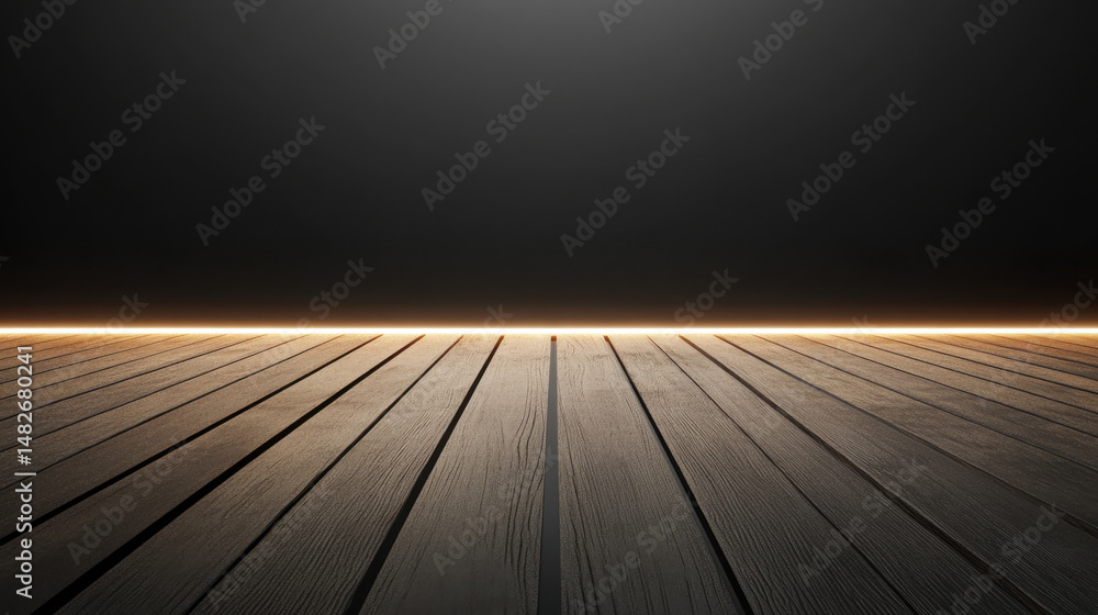 Poster empty wooden floor with led lighting, creating an illuminated line on the ground. the background is 