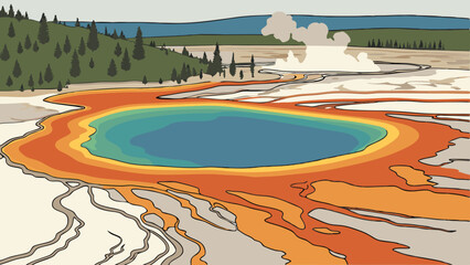 Vector vibrant aerial view of Grand Prismatic Spring showcases its stunning colors and unique geothermal features, surrounded by lush