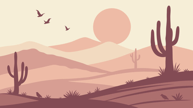 Vector serene desert landscape featuring cacti, mountains, and birds flying in sky during sunset, evoking tranquility and beauty