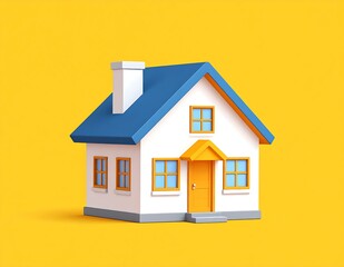 Cute Cartoon House Blue Roof, Orange Door, Yellow Background
