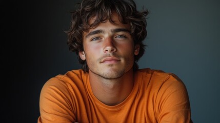 Obraz premium Portrait of a Young Man with Curly Hair Wearing an Orange Shirt