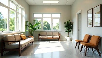 Fototapeta premium Modern, clean dentist office waiting area with comfortable seating and natural light , smile, dental equipment